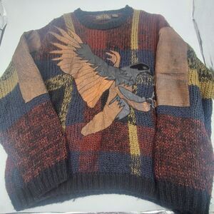 Vintage Street Scenes Sweater Men Size XL Eagle Leather Patch Chunky Knit